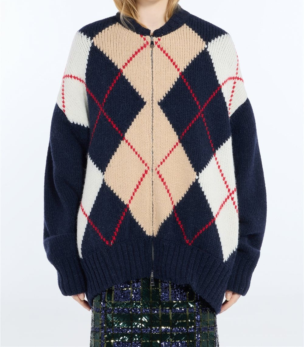 N°21 Giubbotto in maglia Argyle con zip blu navy - FW26 AO01 7112 6689 BLU N.21