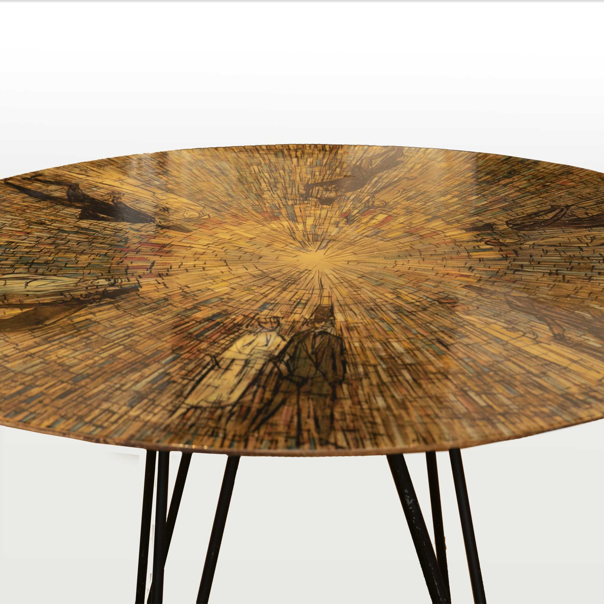 tavolo 120 cm diametro, dipinto a mano da "decalage" gruppo d'arte di Torino (aloisi, de cavero, girardi) anni 50. Made in Italy