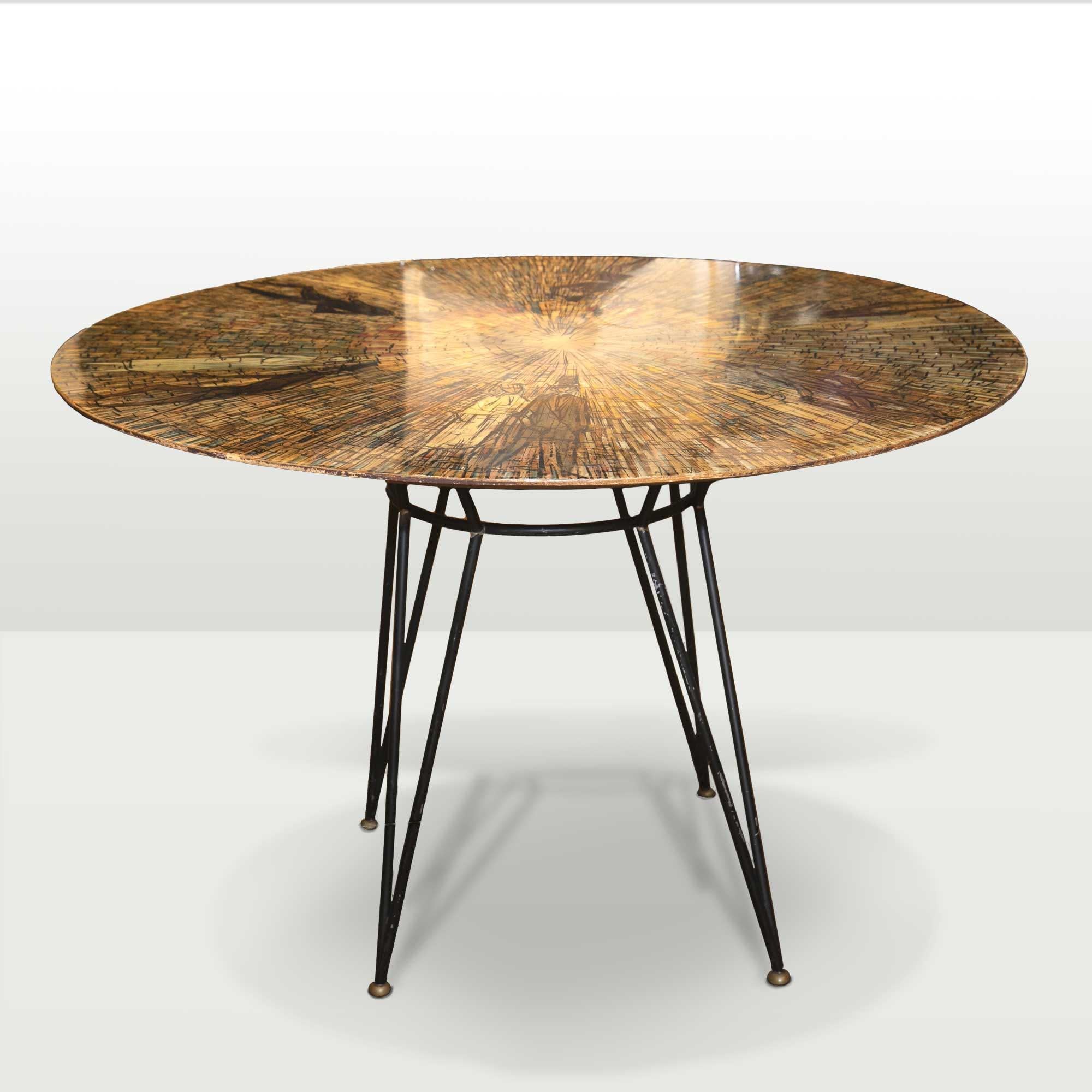 tavolo 120 cm diametro, dipinto a mano da "decalage" gruppo d'arte di Torino (aloisi, de cavero, girardi) anni 50. Made in Italy