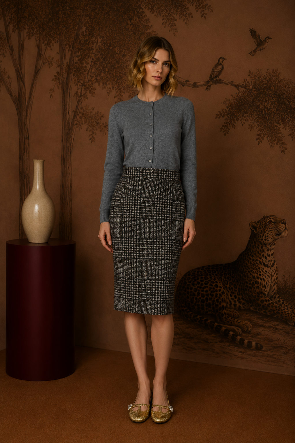 N°21 Gonna midi pied-de-poule grigio e nero - FW26 C021 3124 Q981 NERO N.21
