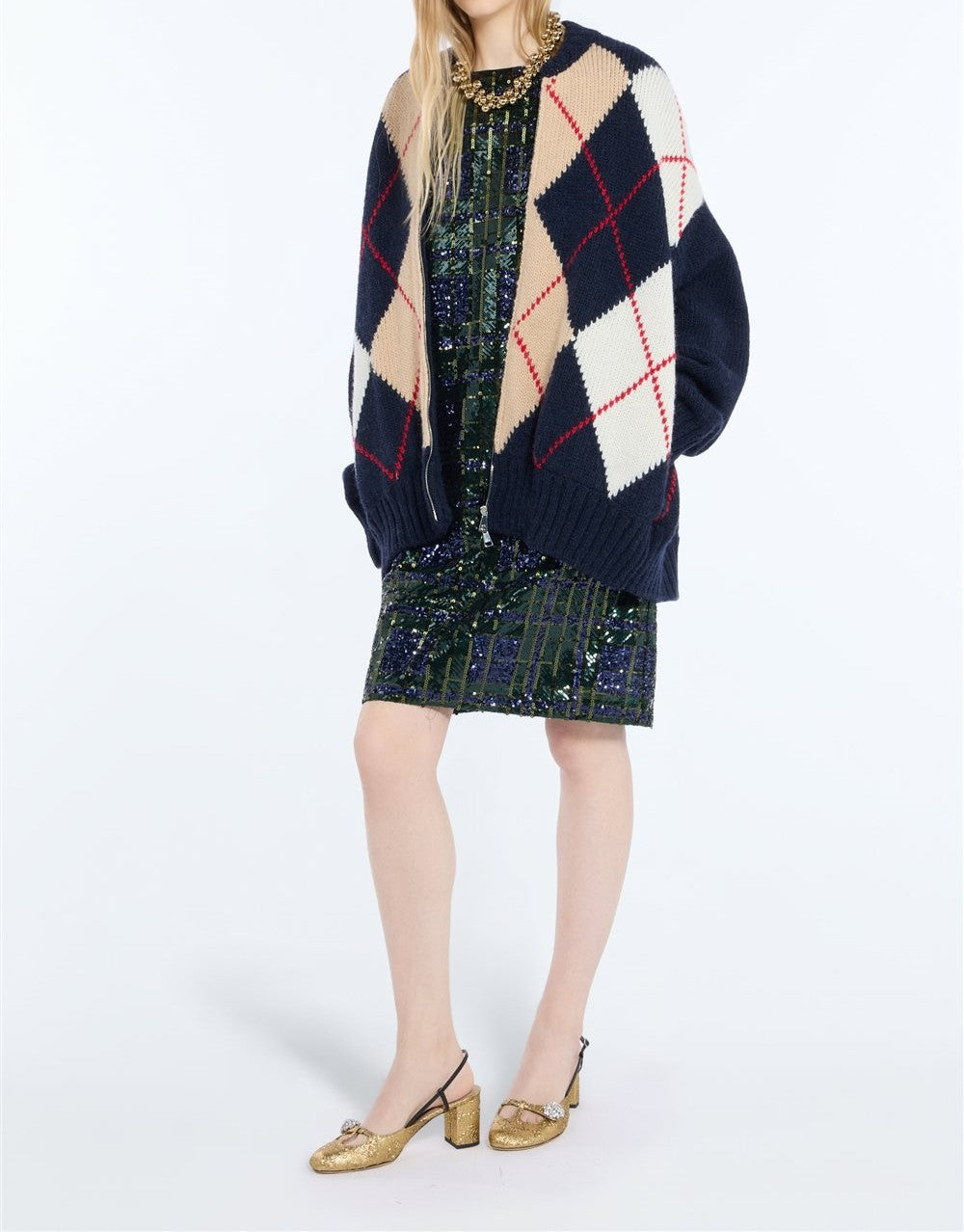 N°21 Giubbotto in maglia Argyle con zip blu navy - FW26 AO01 7112 6689 BLU N.21 