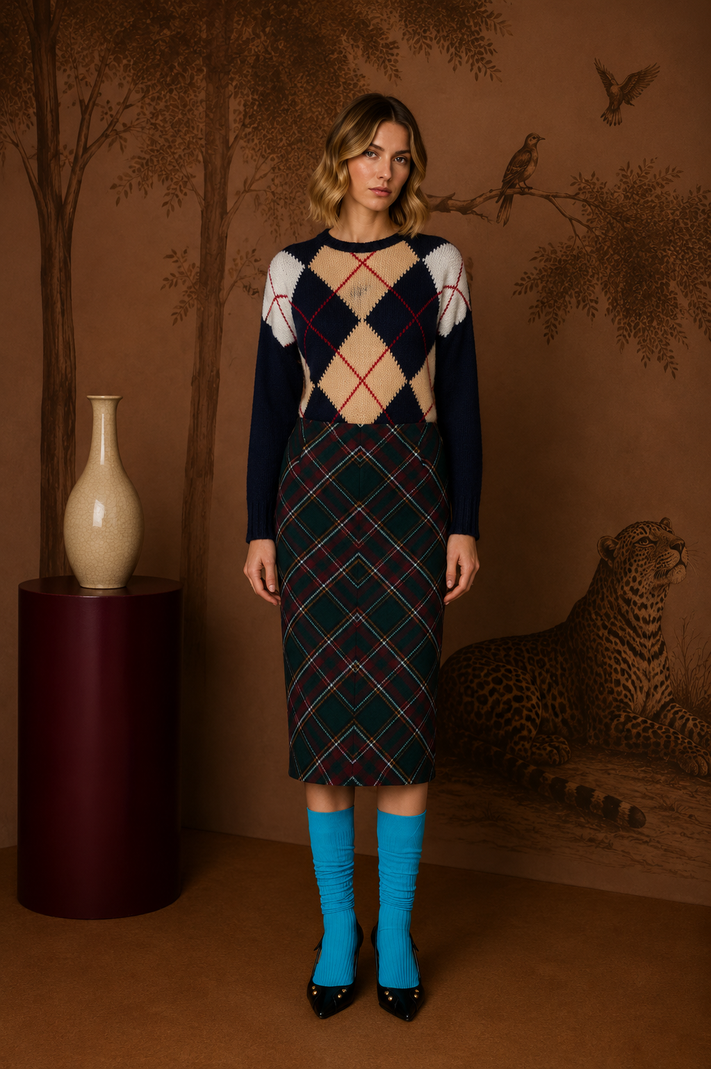 N°21 Gonna midi tartan verde e bordeaux - FW26 C014 3159 Q5C1 SCOZZ N.21 